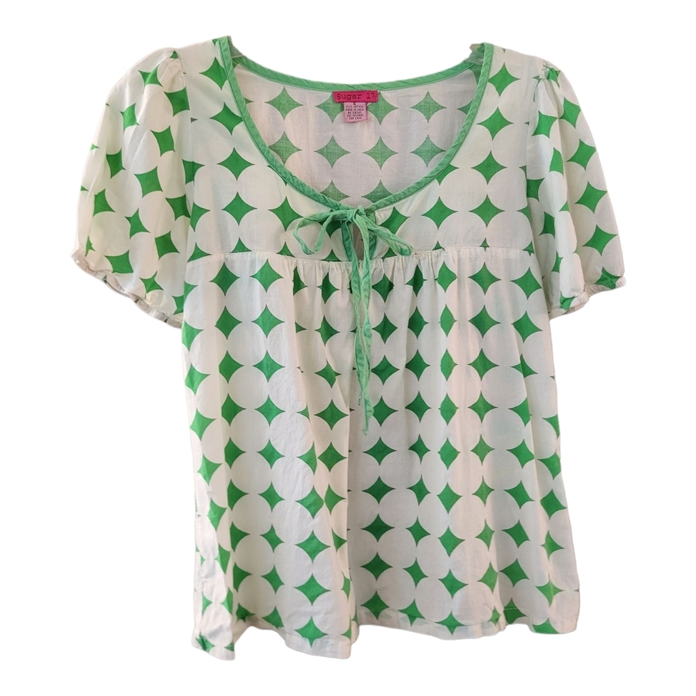 Sugar 17 Green and White Patterned Tie Front Blouse - Size S